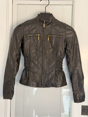 Moto Gear Women’s S Vegan Leather Jacket Black Cinched Waist Zipper Details